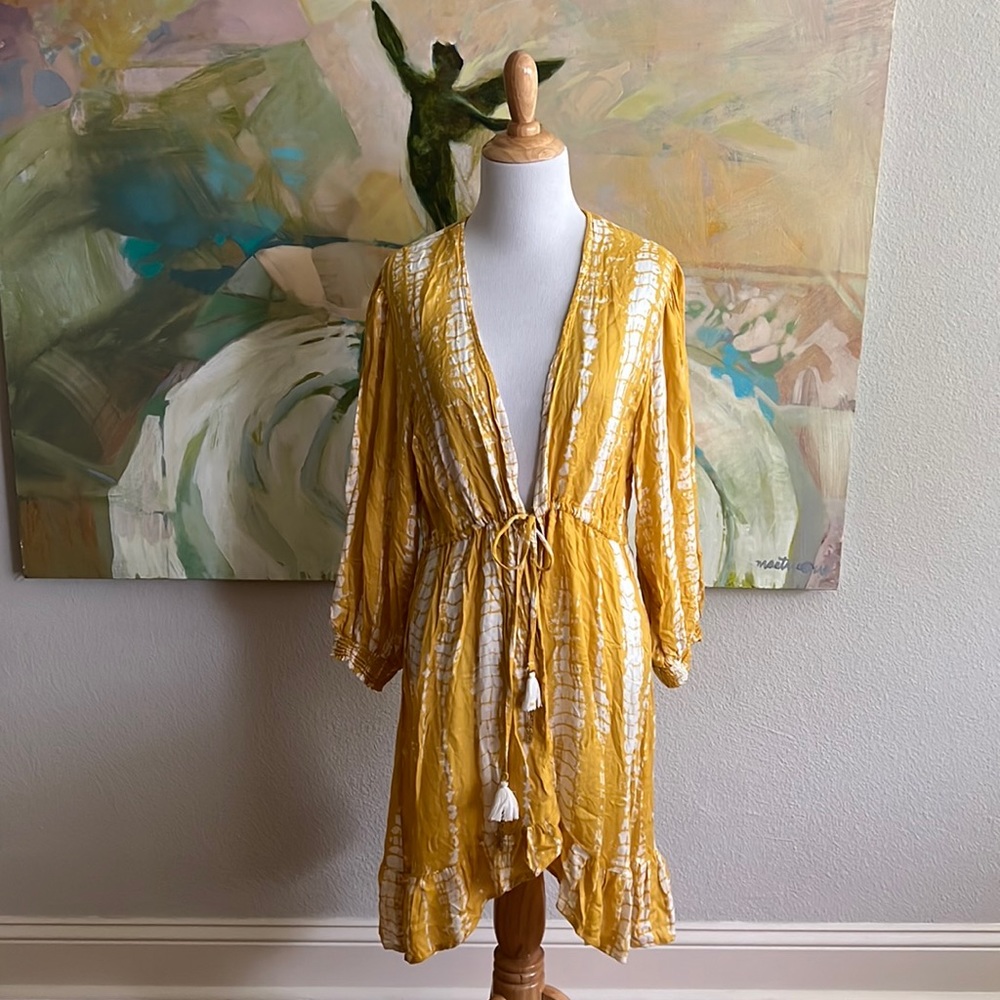 Blue Island Swim Coverup Tie Dye Tassel Tie Mustard Yellow Long Sleeve Large